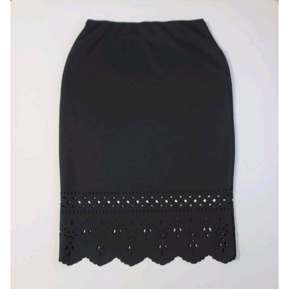 Bisou Bisou Michele Bohbot Pencil Skirt Women's Size M Black Scalloped Laser Cut - Picture 1 of 7